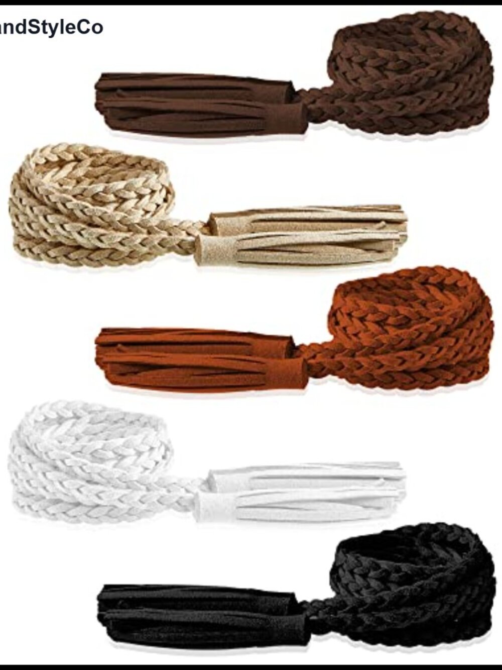 5pc Women's Braided PU Leather Rope Belt Set Skinny Woven Tassel Waist Belts